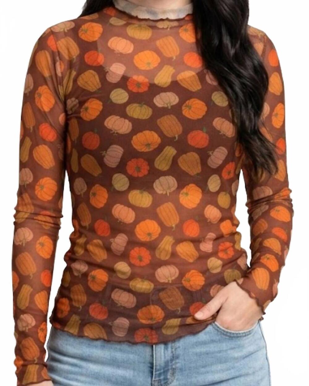 NEW JESS LEA pumpkin obsession mesh top in orange multi